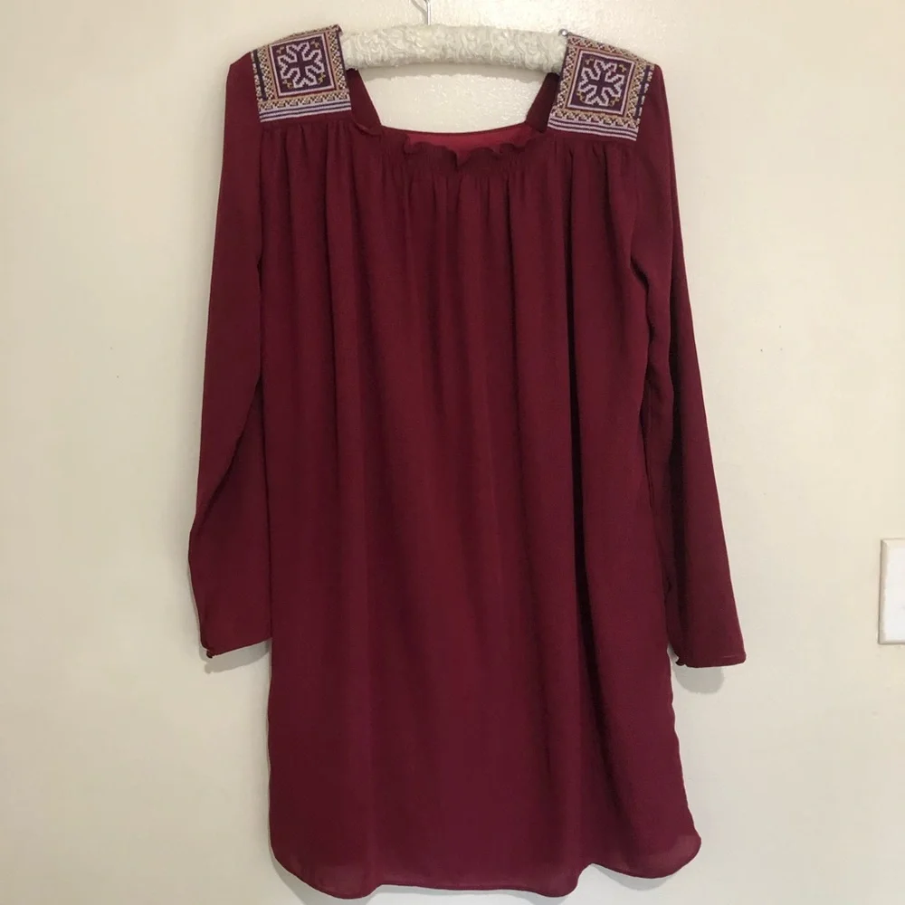 🔴Beautiful Burgundy Square Neck Long sleeve Mini Dress embroider shoulder sizeS - Picture 3 of 14